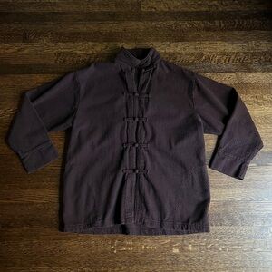 •Sold• Burgundy Lounge Jacket, Collarless Asian Style Cotton Housecoat